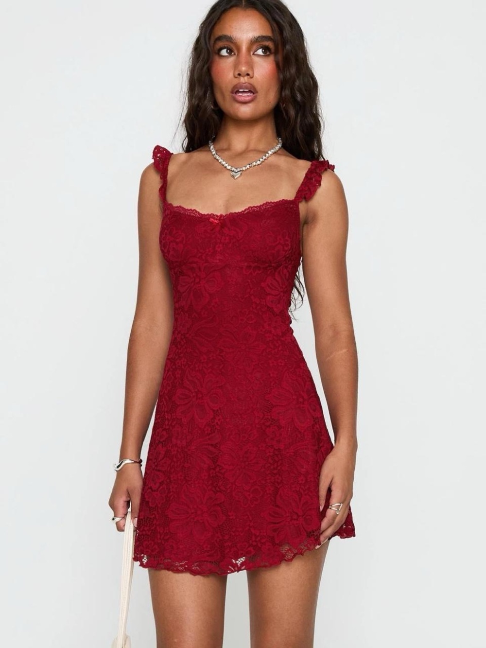 Princess Polly Burgundy Lace Mini Dress with Ruffled Straps